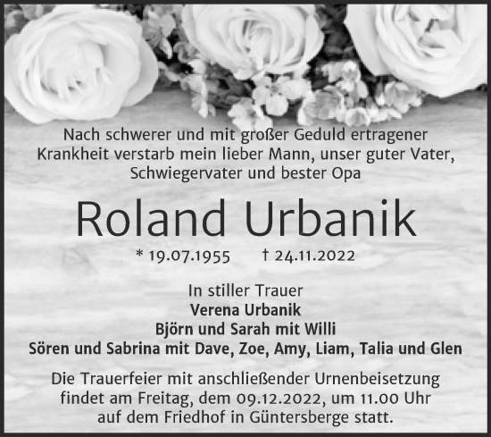 Traueranzeige von Roland Urbanik von Trauerkombi Quedlinburg