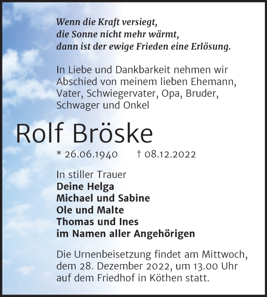 Traueranzeige von Rolf Bröske von Trauerkombi Köthen