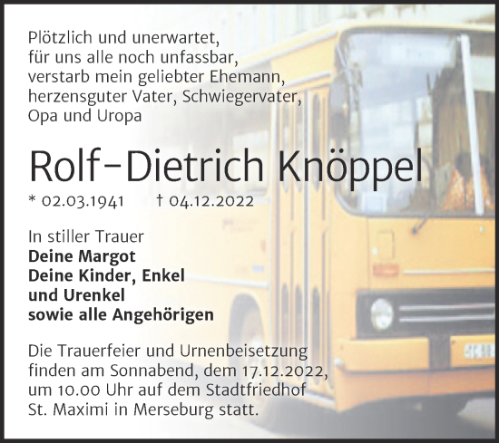 Traueranzeige von Rolf-Dietrich Knöppel von Trauerkombi Merseburg
