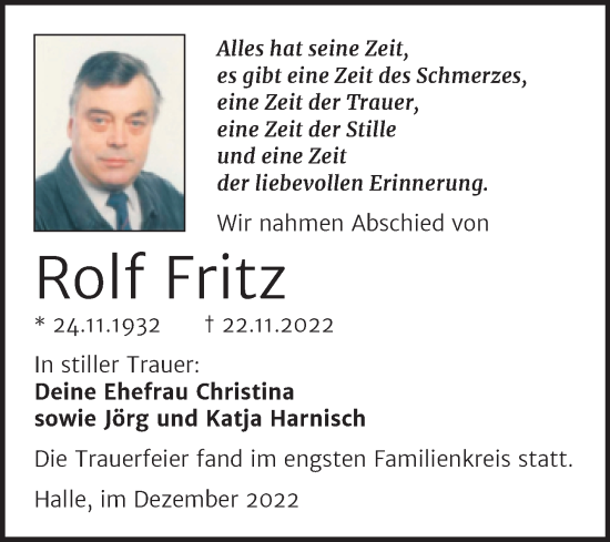 Traueranzeige von Rolf Fritz von Mitteldeutsche Zeitung Halle/Saalkreis