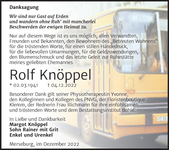Traueranzeige von Rolf Knöppel von Trauerkombi Merseburg