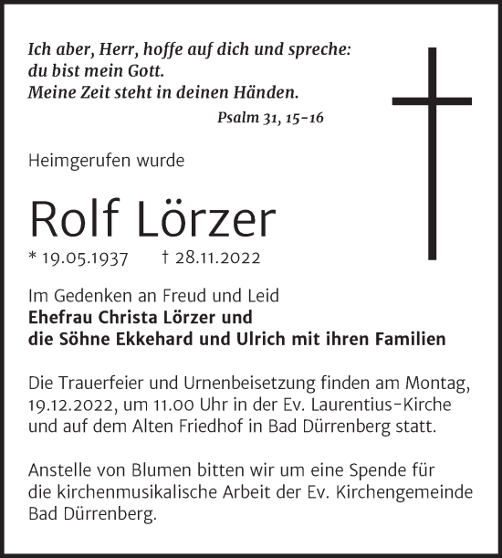 Traueranzeige von Rolf Lörzer von Trauerkombi Merseburg