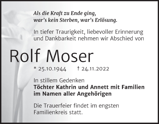 Traueranzeige von Rolf Moser von Trauerkombi Bernburg