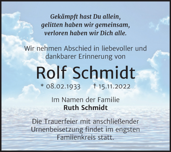 Traueranzeige von Rolf Schmidt von Mitteldeutsche Zeitung Halle/Saalkreis