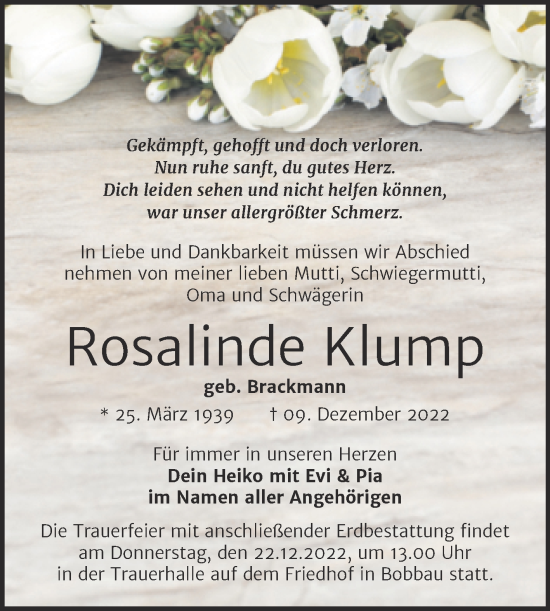 Traueranzeige von Rosalinde Klump von Trauerkombi Bitterfeld