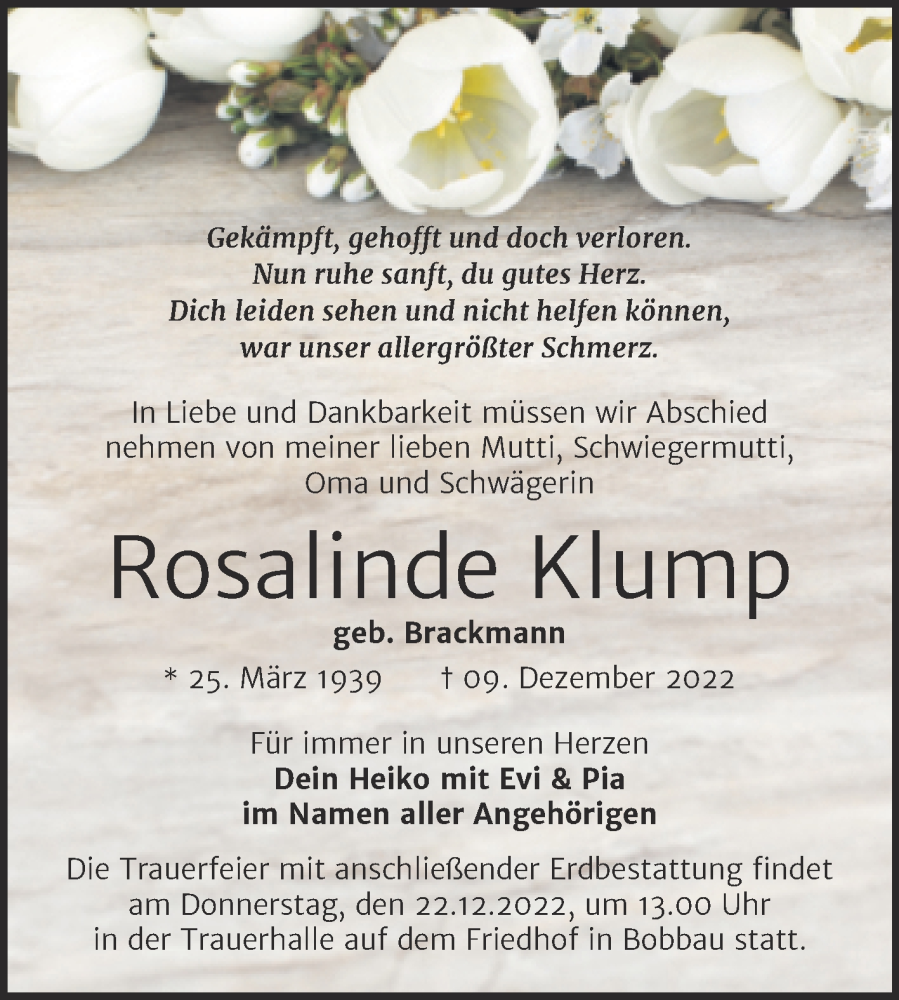  Traueranzeige für Rosalinde Klump vom 14.12.2022 aus Trauerkombi Bitterfeld