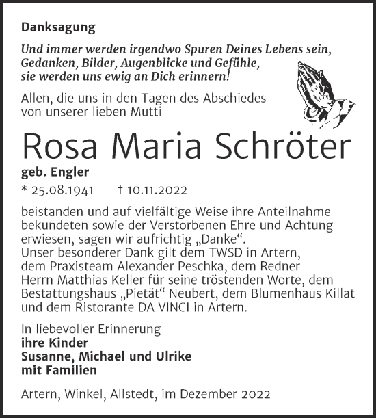 Traueranzeige von Rosa Maria Schröter von Super Sonntag Sangerhausen