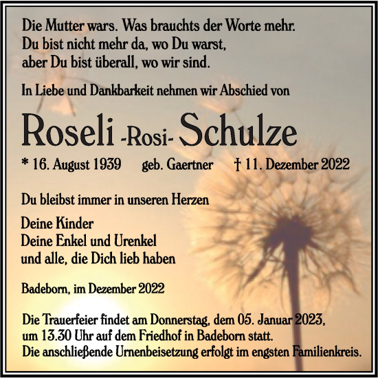 Traueranzeige von Roseli Schulze von Trauerkombi Quedlinburg