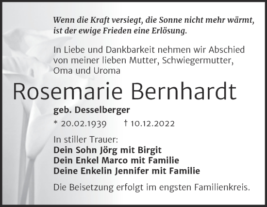 Traueranzeige von Rosemarie Bernhardt von Trauerkombi Dessau