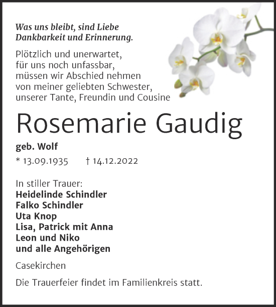 Traueranzeige von Rosemarie Gaudig von Wochenspiegel Naumburg/Nebra