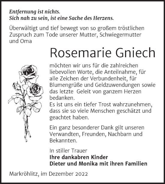 Traueranzeige von Rosemarie Gniech von Trauerkombi Weißenfels