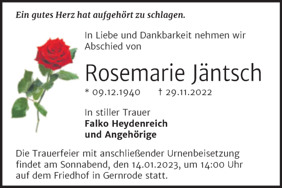 Traueranzeige von Rosemarie Jäntsch von Trauerkombi Quedlinburg