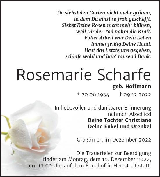Traueranzeige von Rosemarie Scharfe von Trauerkombi Mansfelder Land