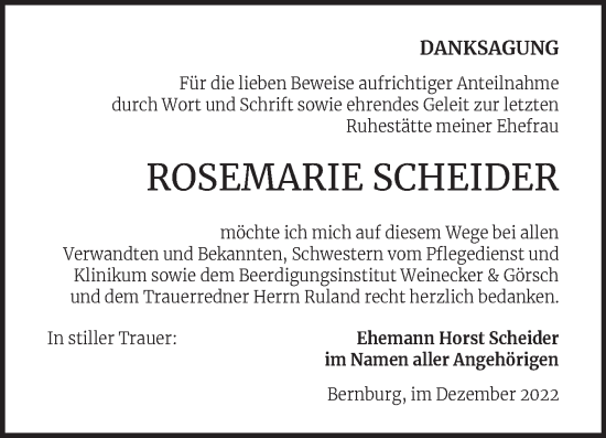 Traueranzeige von Rosemarie Scheider von Trauerkombi Bernburg