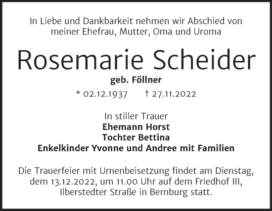 Traueranzeige von Rosemarie Scheider von Trauerkombi Bernburg