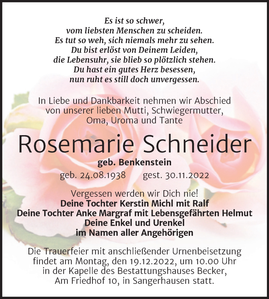  Traueranzeige für Rosemarie Schneider vom 08.12.2022 aus Trauerkombi Sangerhausen