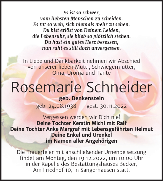 Traueranzeige von Rosemarie Schneider von Trauerkombi Sangerhausen