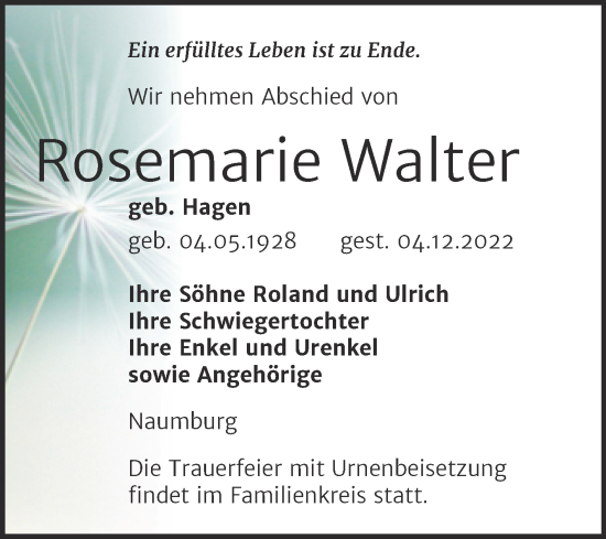 Traueranzeige von Rosemarie Walter von Wochenspiegel Naumburg/Nebra