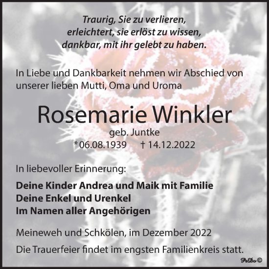 Traueranzeige von Rosemarie Winkler von Trauerkombi Zeitz