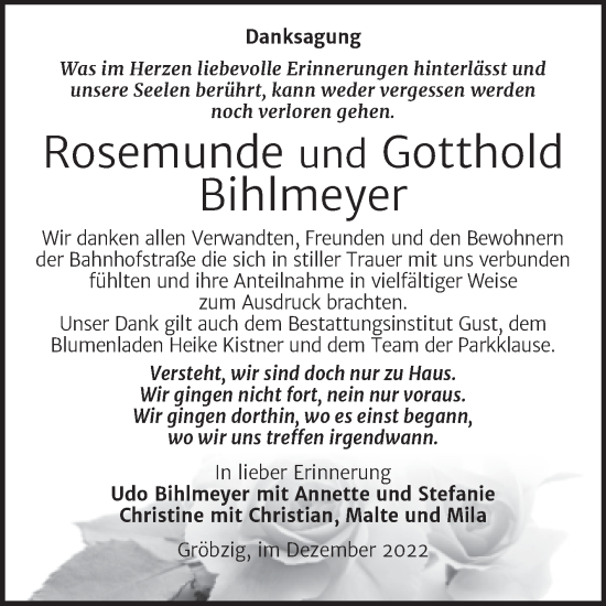 Traueranzeige von Rosemunde und Gotthold Bihlmeyer von Trauerkombi Köthen