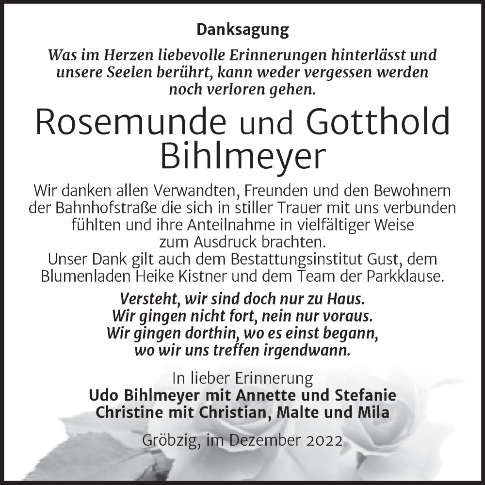  Traueranzeige für Rosemunde und Gotthold Bihlmeyer vom 17.12.2022 aus Trauerkombi Köthen