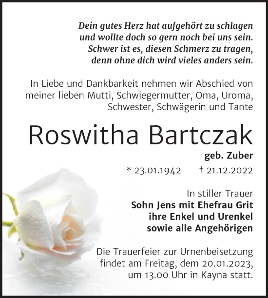 Traueranzeige von Roswitha Bartczak von Trauerkombi Zeitz