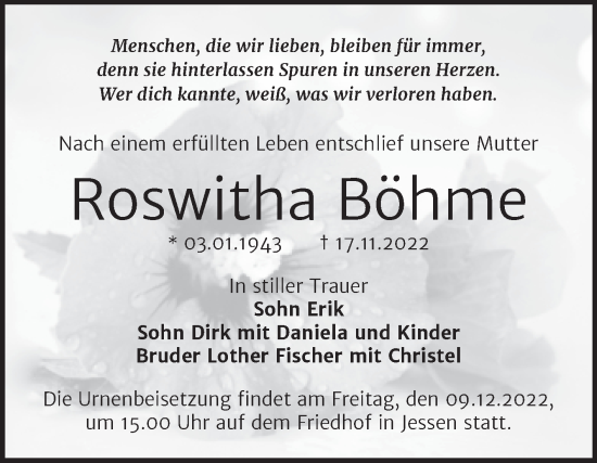 Traueranzeige von Roswitha Böhme von Trauerkombi Wittenberg