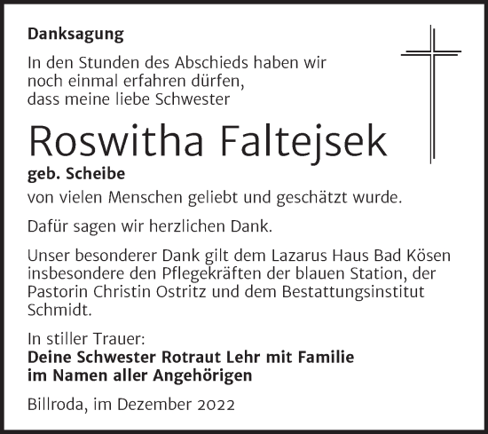 Traueranzeige von Roswitha Faltejsek von Wochenspiegel Naumburg/Nebra