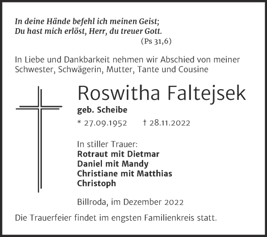 Traueranzeige von Roswitha Faltejsek von Wochenspiegel Naumburg/Nebra