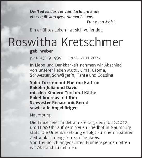 Traueranzeige von Roswitha Kretschmer von Naumburger Tageblatt
