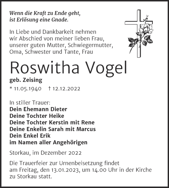 Traueranzeige von Roswitha Vogel von Trauerkombi Weißenfels
