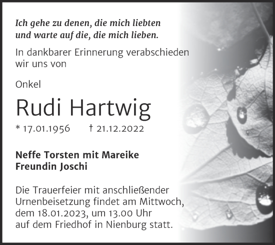 Traueranzeige von Rudi Hartwig von Trauerkombi Bernburg