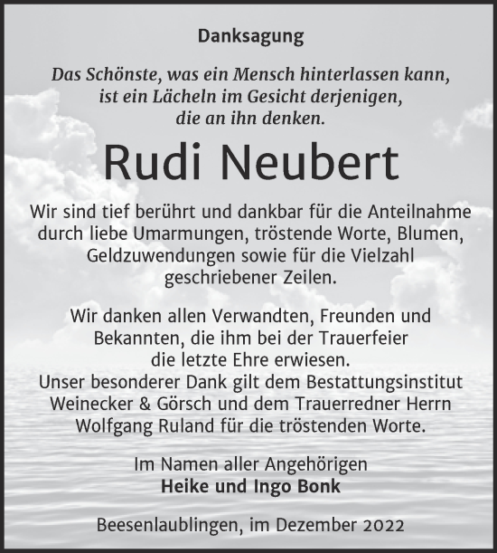 Traueranzeige von Rudi Neubert von Trauerkombi Bernburg