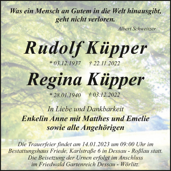 Traueranzeige von Rudolf und Regina Küpper von Trauerkombi Dessau