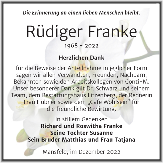 Traueranzeige von Rüdiger Franke von Trauerkombi Mansfelder Land