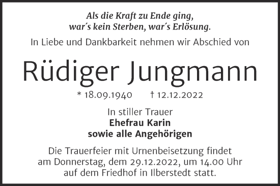 Traueranzeige von Rüdiger Jungmann von Super Sonntag Bernburg