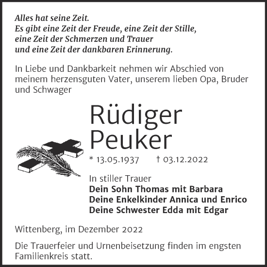 Traueranzeige von Rüdiger Peuker von Trauerkombi Wittenberg