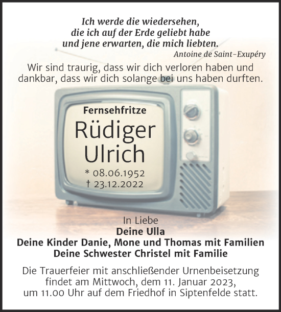Traueranzeige von Rüdiger Ulrich von Trauerkombi Quedlinburg