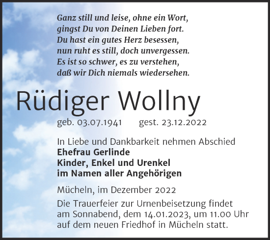 Traueranzeige von Rüdiger Wollny von Trauerkombi Merseburg