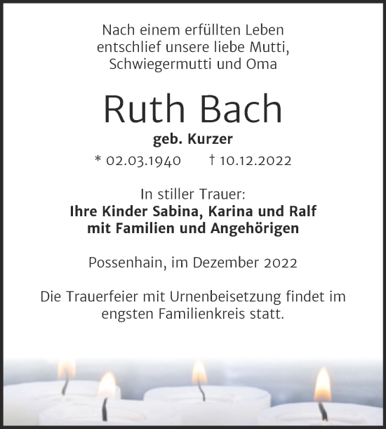 Traueranzeige von Ruth Bach von Wochenspiegel Naumburg/Nebra