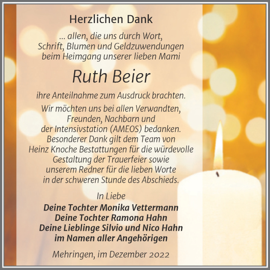 Traueranzeige von Ruth Beier von Trauerkombi Aschersleben
