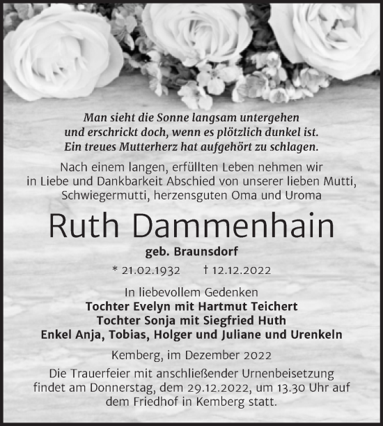 Traueranzeige von Ruth Dammenhain von Trauerkombi Wittenberg