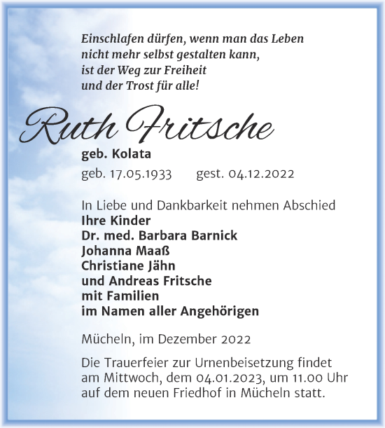 Traueranzeige von Ruth Fritsche von Trauerkombi Merseburg