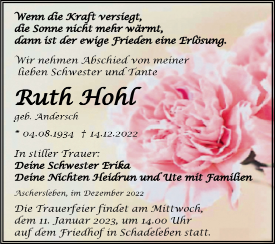 Traueranzeige von Ruth Hohl von Trauerkombi Aschersleben