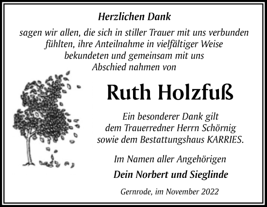Traueranzeige von Ruth Holzfuß von Trauerkombi Quedlinburg