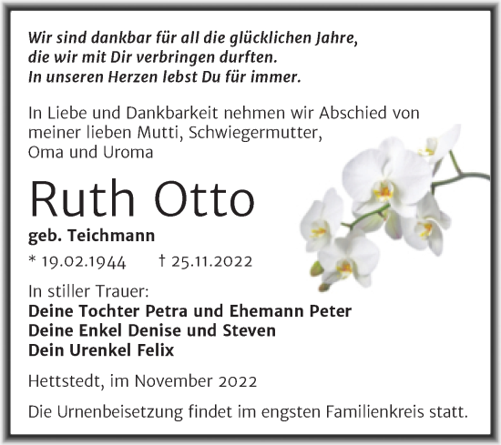 Traueranzeige von Ruth Otto von Trauerkombi Mansfelder Land