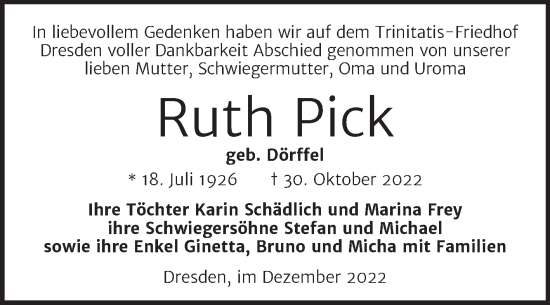 Traueranzeige von Ruth Pick von Mitteldeutsche Zeitung Dessau-Roßlau