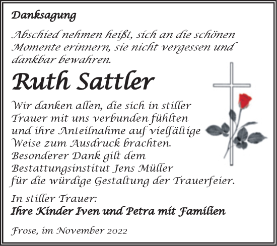 Traueranzeige von Ruth Sattler von Trauerkombi Aschersleben