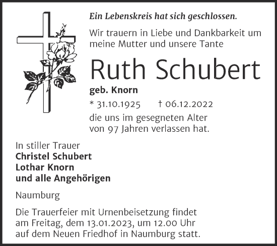 Traueranzeige von Ruth Schubert von Wochenspiegel Naumburg/Nebra