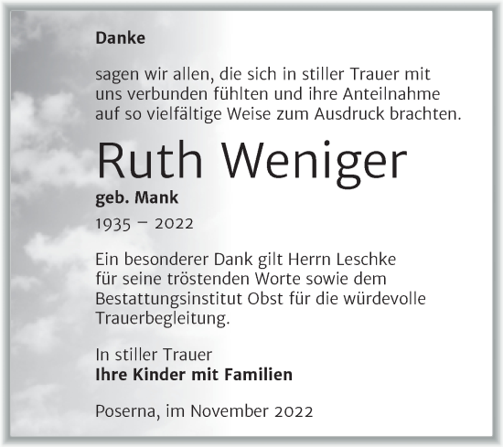Traueranzeige von Ruth Weniger von Trauerkombi Weißenfels
